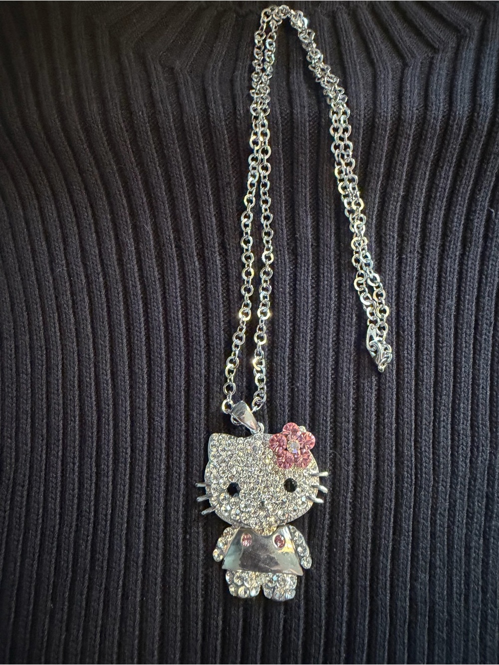 Hello Kitty Silver Tone Crystal Necklace with Pink Flower Accent